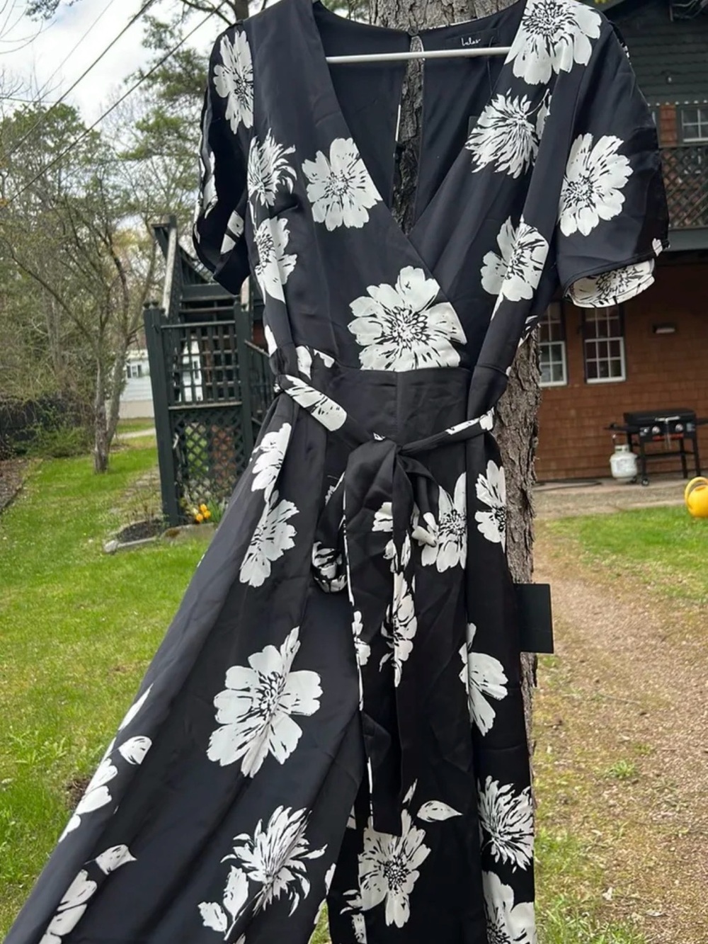 Lulu's Black Floral Wrap Jumpsuit with White Blooms